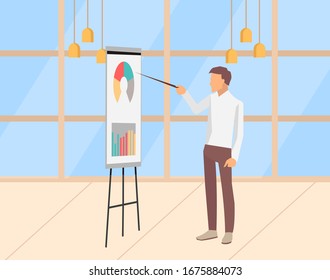 Businessman giving presentation with charts vector, man explaining information on board. Whiteboard with segments, presenter with info results of projects