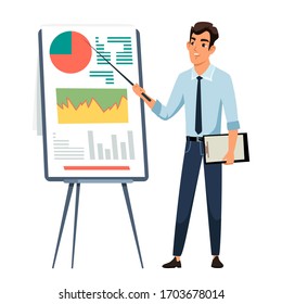 Businessman Giving Presentation Flat Character. Man Presenting Project Cartoon Illustration. Office Worker Near Whiteboard With Graphs Diagrams. Business Mentor, Coach On Seminar, Annual Report