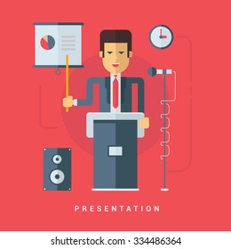 Businessman Giving a Presentation. Flat Style Vector Illustration