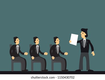 Businessman giving a presentation to his employees. Concept of corporate culture, teamwork and business communication. Isolated vector cartoon illustration.
