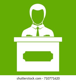 Businessman giving a presentation icon white isolated on green background. Vector illustration