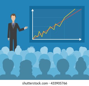 A businessman is giving a presentation to a large group of people. Business concept. Public speaking. Flat vector illustration