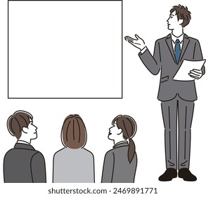 A businessman giving a presentation and a man and woman listening to the explanation