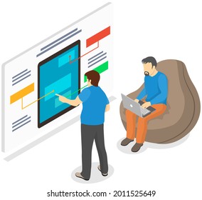 Businessman giving presentation on board with graphs and schemes to colleague, marketing concept. Men with laptop watch sales statistics, analyze indicators and present report at meeting in office