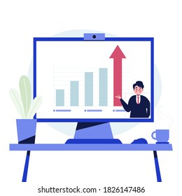 Empresario presentando el concepto de pantalla de ordenador. Ilustración vectorial de diseño plano