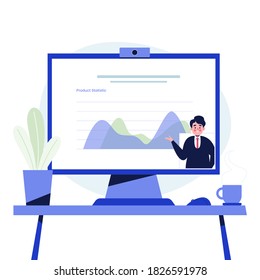 Empresario presentando en pantalla de ordenador. Ilustración vectorial de diseño plano