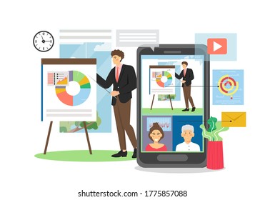 Empresario con presentación apuntando al diagrama circular en flip chart, webinar en dispositivo móvil, ilustración plana vectorial. Seminario de negocios, conferencia, videoconferencia, reunión en línea del equipo de negocios.