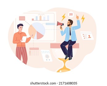 Businessman giving presentation showing charts, new startup product. Managers presenting company products. Business promotion, marketing and advertising campaign flat vector