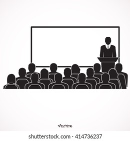 Businessman giving a presentation standing next to a blank white board. Study vector icon isolated on white background