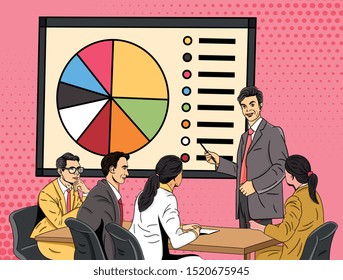 Businessman Giving A Presentation Using A Pie Chart On A Screen To Colleagues At The Office Seated Around A Table In A Colorful Vector Illustration