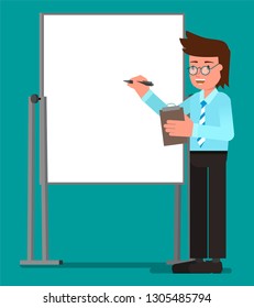 The businessman is giving a  
presentation. Vector illustration, flat design drawing.
