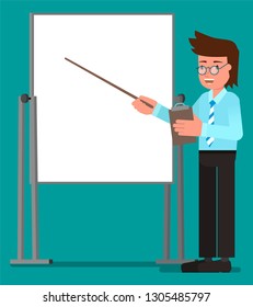The businessman is giving a presentation. Vector illustration, flat design drawing.