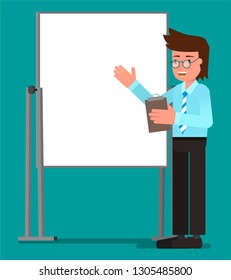The businessman is giving a presentation. Vector illustration, flat design drawing.