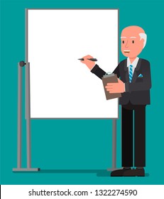 The businessman is giving a  
presentation. Vector illustration, flat design drawing.