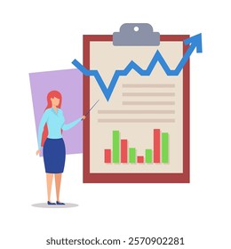 Businessman giving presentation vector illustration. Tiny woman with pointer near huge clipboard with bar chart and arrow up. Business report, finance, profit increase, presentation concept