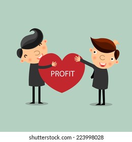 Businessman giving profit heart to his partner. business partnership concept. vector 