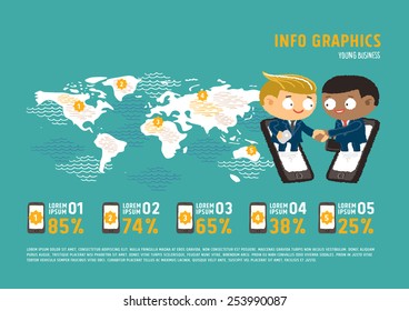 Businessman giving shaking hands to join business in world map - freehand drawing vector Illustration