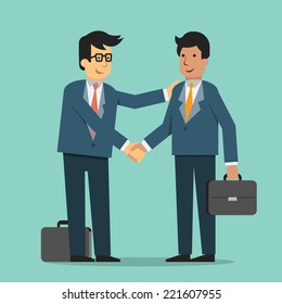 Businessman giving shaking hands and support friend, partner, subordinate or colleague to join business. Trendy flat design.