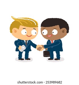 Businessman giving shaking hands and support friend to join business - freehand drawing vector Illustration