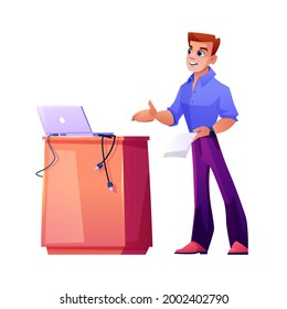 Businessman giving speech behind podium, isolated speaker or teacher. Coach or educator, professor or presenter explaining and gesturing. Orator on meeting. Flat cartoon style character vector