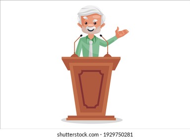 Businessman is giving a speech on stage. Vector graphic illustration. Individually on a white background.