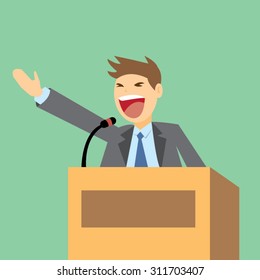 Businessman giving a speech from podium-vector