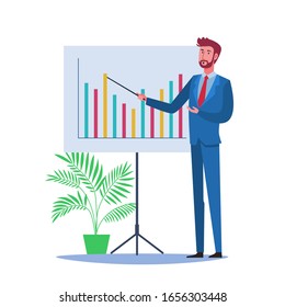 Businessman giving speech and presenting charts on whiteboard. Business presentation