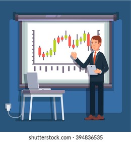 Businessman giving a speech showing sales statistics graph on presentation screen. Flat style color modern vector illustration.