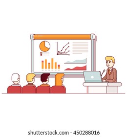 Businessman giving a speech showing sales statistics graph on presentation screen in the conference room. Modern flat style thin line vector illustration. Concept isolated on white background.