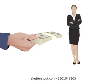 Businessman giving stack of money to businesswoman