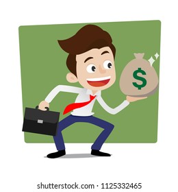 Businessman glad to have money bag, Cartoon vector illustration