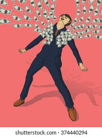 businessman glad with many dollars floating out from body