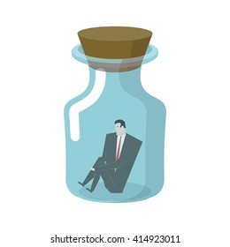 Businessman in glass jar. Boss in bottle. Desperate situations. Man sitting alone at bottom of vessel
