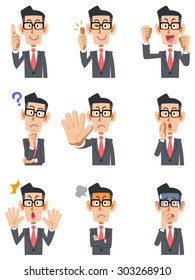 Businessman was glasses 9 kind of gesture and facial expression