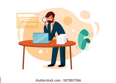 Businessman in glasses with beard is looking through magnifying glass and search