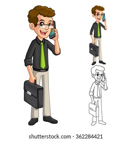Businessman with Glasses Holding a Smart Phone and Briefcase Cartoon Character Include Flat Design and Line Art Version Vector Illustration