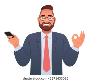 Businessman with glasses holds a smartphone in his hand and shows an OK sign. Advertising of a mobile application or services, promotion of an application or website. Vector illustration isolated