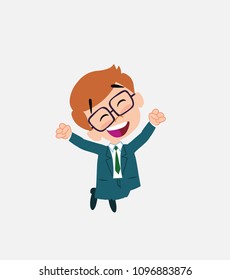 Businessman with glasses jumping for joy.