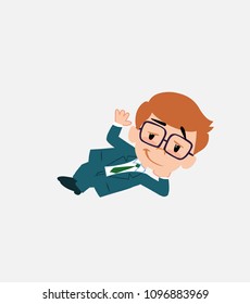 Businessman with glasses lying, greets with a dreamy expression.