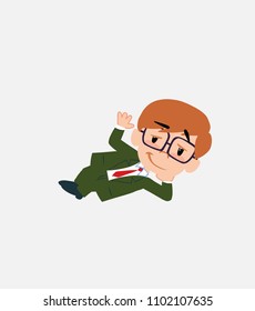 Businessman with glasses lying, greets with a dreamy expression.