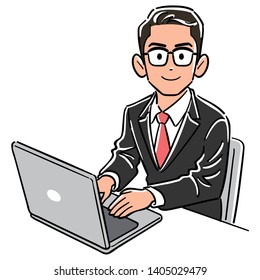 Businessman with glasses operating a personal computer