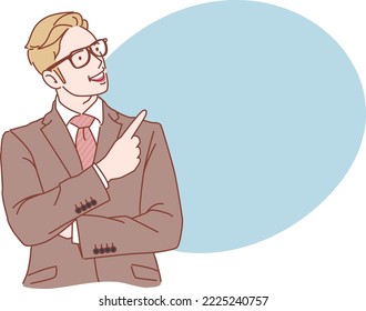 Businessman with glasses pointing to the area. Vector illustration.