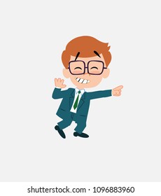Businessman with glasses pointing to something funny on his left.