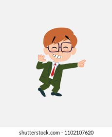 Businessman with glasses pointing to something funny on his left.