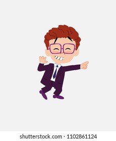 Businessman with glasses pointing to something funny on his left.