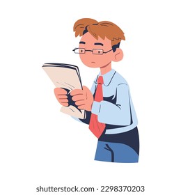 Empresario en gafas leyendo documento de papel. Dibujo vectorial del personaje de un joven