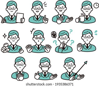 A businessman with glasses. A set of gestures and facial expression variations.