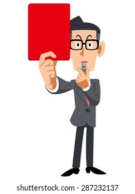 Businessman with glasses showing a red card