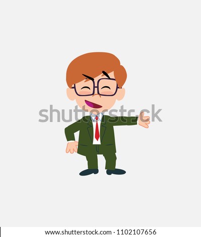 Businessman with glasses showing something in an optimistic and positive attitude.