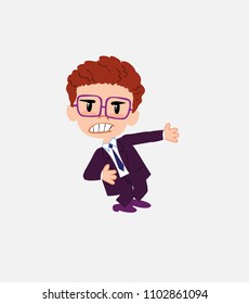 Businessman with glasses shows very angry something to his left.